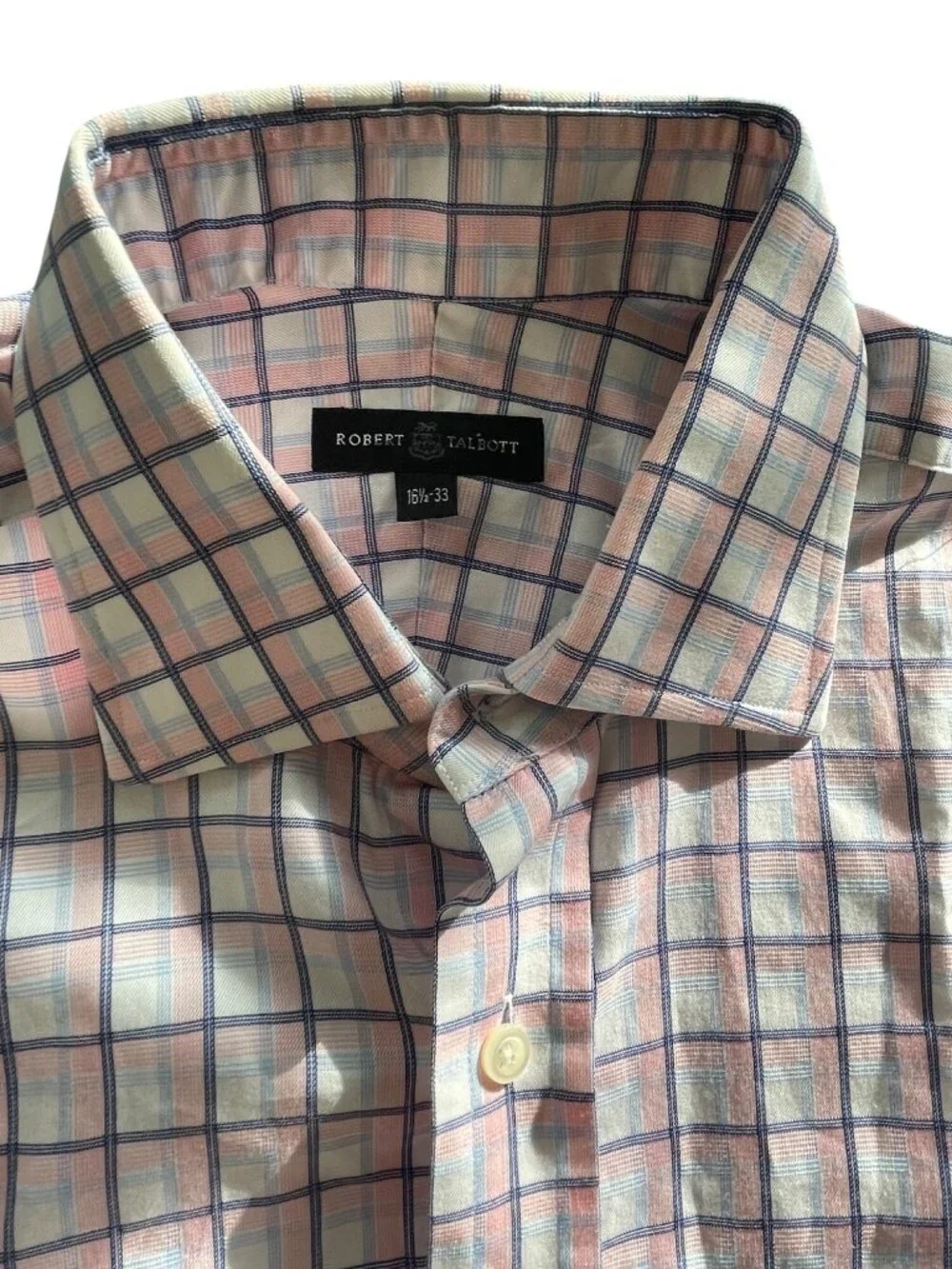 Robert Talbott Mens Button-Down Shirt 16.5 x 33 Plaid Pink & Blue Long Sleeve Co